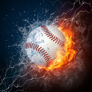 May include: A white baseball with red stitching is engulfed in flames and surrounded by water droplets. The background is dark blue with white lightning bolts.