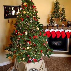 May include: A decorated Christmas tree with red bows, ornaments, and candy canes. The tree is lit with small white lights and topped with a red star. Red stockings hang from the fireplace mantel.