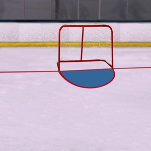 May include: A red hockey goal with a blue net on a white ice rink.
