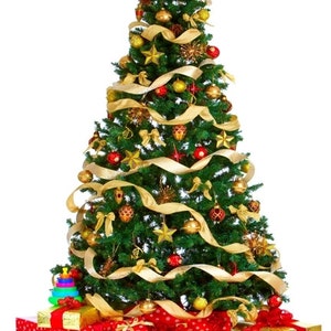 May include: A decorated Christmas tree with gold ribbon, ornaments, and a star topper. Red and gold wrapped gifts are piled at the base of the tree, creating a festive holiday scene.