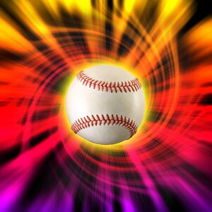 May include: A white baseball with red stitching, set against a vibrant, abstract background of swirling orange, red, and purple hues. The baseball is the focal point, showcasing its classic design.