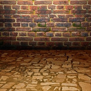 May include: A brick wall with a rough, uneven texture. The wall is made of red bricks with some green moss growing on them. The floor is made of small, irregular stones in shades of brown and tan.