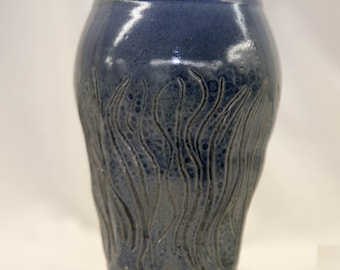 Hand made Blue Stoneware Vase With carved design . Made from Washington Co. Kansas Clay