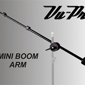 May include: Black Vu-Pro Mini Boom Arm with a black stand and a silver knob. The arm is extended and angled to the right. The text "MINI BOOM ARM" is printed below the arm.