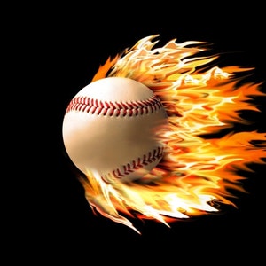 May include: A white baseball with red stitching is engulfed in flames, creating a dynamic and fiery image.
