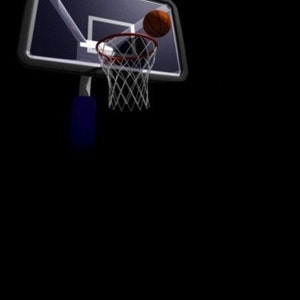 May include: A basketball hoop with a brown basketball going through the net.