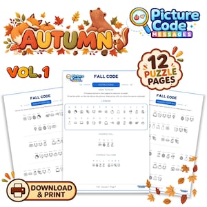 Könnte beinhalten: Ein digitales Aktivitätsset mit dem Titel Picture Code Messages Autumn Vol. 1, das 12 Rätselseiten enthält. Das Set umfasst ein zentrales Anleitungsblatt mit einer Bild-Buchstaben-Legende, zwei Beispielrätselseiten und herbstliche Grafiken.