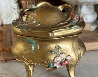 Vintage Jewelry Box / Casket / Gold / Floral / Trinket / Art Nouveau