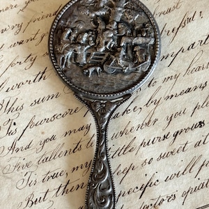 Vintage Hand Mirror / Denmark / Hans Jensen / Repoussé Work / Silver Plated / Pastoral / Village / Art Nouveau