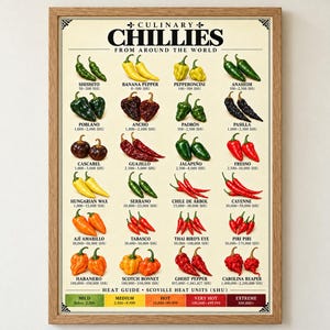 Poster con tabella delle varietà di peperoncini, decorazione da parete per la cucina, guida ai peperoncini, regalo per gli amanti del cibo