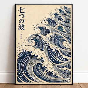 May include: A framed vertical wall art print featuring a stylized illustration of dark blue ocean waves against a cream-colored background. The Japanese text "七つの波" and "海の詩" is printed vertically in dark blue ink on the left side of the artwork.