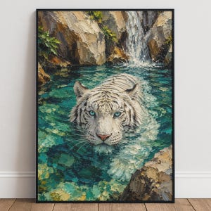 May include: A framed oil painting featuring a white tiger with striking blue eyes swimming in a turquoise pool. The background displays textured rocky cliffs and a cascading waterfall, rendered with thick, visible brushstrokes throughout the scene.