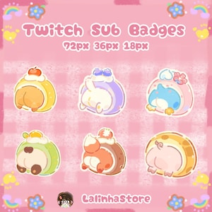 May include: A set of six digital Twitch sub badges featuring cute animal-themed cake rolls on a pink background. The text reads Twitch Sub Badges 72px 36px 18px and LalinhaStore. Each badge displays a different animal rear view with toppings.