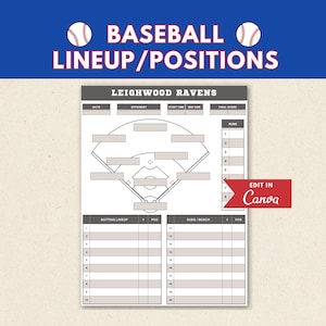 Baseball Lineup & Positions Printable | Editable Field Position Chart | Batting Order Template | Canva | Digital Download | Coach Gift