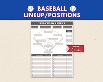 Baseball Lineup & Positions Printable | Editable Field Position Chart | Batting Order Template | Canva | Digital Download | Coach Gift