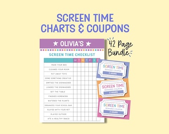 Kids Screen Time Chart & Reward Coupons | Editable Tracker (Digital Download)