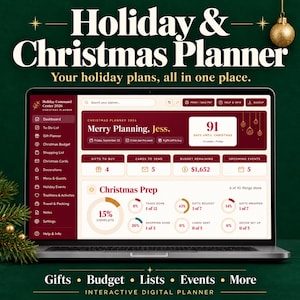 May include: A laptop displaying a Holiday & Christmas Planner 2026 interface with a dark red and cream color scheme. The screen shows a dashboard with sections for gifts, budget, and tasks, including text like Merry Planning, Jess and 91 days until Christmas.