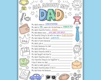 Father's Day Printable Questionnaire, All About My Dad, Father's Day Gift for Kids, Classroom Activity, Fill in the blank Interview PDF