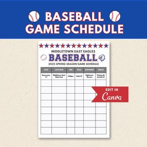 Plantilla editable de calendario de partidos de béisbol, planificador del día del partido (descarga digital de Canvas)