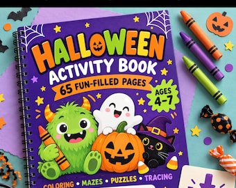 Halloween Activity Book Kids Ages 4-7 Printable PDF Coloring Mazes Tracing Puzzles Games Learning Fun Instant Download