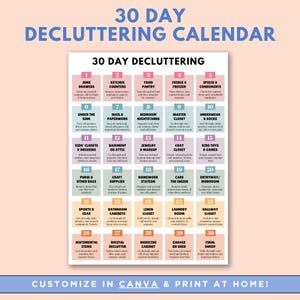 Könnte beinhalten: Ein druckbarer 30-Tage-Entrümpelungs-Kalender mit einem farbenfrohen Design. Jeder Tag bietet einen anderen Bereich des Hauses zum Entrümpeln, wie z. B. Schubladen mit Krimskrams, Küchentheken, Speisekammer, Kühlschrank und Gefrierschrank, Gewürze und Gewürze, unter dem Waschbecken, Post und Papierkram, Nachttische, Hauptkleiderschrank, Unterwäsche und Socken, Kinderkleiderschränke und Kommoden, Keller oder Dachboden, Schmuck und Make-up, Kleiderschrank, Kinderspielzeug und Spiele, Geldbörse und andere Taschen, Bastelbedarf, Arbeitsstation, Autos (Innenraum), Eingang/Schlammraum, Sport- und Ausrüstungsgegenstände, Badezimmer-Schränke, Wäsche-Schrank, Waschküche, Flur-Schrank, Erinnerungsstücke, digitale Entrümpelung, Medikamentenschrank, Garage oder Schuppen und ein abschließender Durchgang.