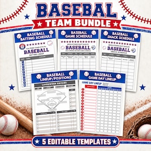 May include: A set of five printable baseball team templates featuring a batting schedule, game schedule, snack schedule, lineup positions, and game day lineup. Each white sheet includes blue and red text, baseball graphics, and organised tables.