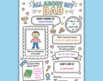 Father's Day Printable Questionnaire, All About My Dad Printable Coloring Page, Father's Day Kids Activity, Classroom Activity, PDF Download