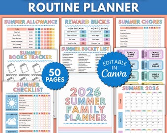 Summer Planner Editable 2026 Kids Family Summer Schedule Chore Charts Checklist Reward Bucks Summer Bucket List Canva Digital Download PDF