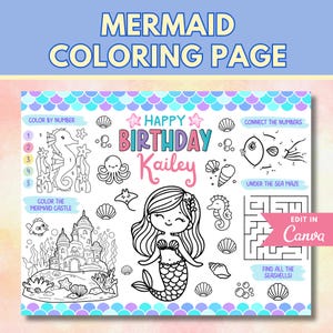 Meerjungfrau Färbung Tischset | Bearbeitbares Kinder Aktivitätsblatt | Druckbare Geburtstagsparty Spaß | Digitaler Download für Under the Sea Theme