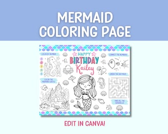 Mermaid Birthday Coloring Page Printable | Personalized Kid Activity Sheet | Mermaid Party Favor | Canva | Digital Download | Girls Birthday