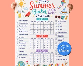 2026 Editable Summer Calendar Poster Canva Summer Fun Bucket List Family Planner PDF Kids Activities Checklist Instant Digital Download