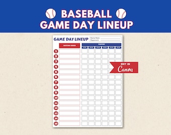 Baseball Game Day Lineup Card | Editable Batting Order Template (Digital Download)