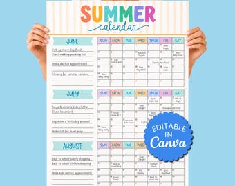Calendario de verano editable 2026 Póster Canva Lista de actividades divertidas de verano Planificador familiar Lista de verificación de actividades infantiles editable Descarga digital instantánea