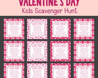 Printable Kids Valentines Day Scavenger Hunt, Valentines Games for Kids, Valentines Treasure Hunt Clues, Valentines Gift
