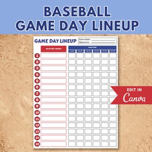 Formazione e posizioni di baseball, ordine di battuta stampabile, elenco di squadra modificabile, modello di gestione del giorno della partita, formazione di softball, partite di baseball