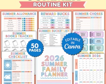 Editable Summer Planner 2026 Kids Family Summer Schedule Chore Charts Checklist Reward Bucks Summer Bucket List Canva Digital Download PDF