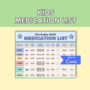 Medicatielijst voor kinderen afdrukbaar | Bewerkbare medicatie-tracker voor kinderen | Medisch logboek voor kinderen | Canvas | Digitale download | Opvoedingsorganisatie