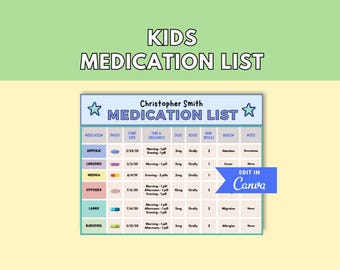 Kids Medication List Printable | Editable Child Medication Tracker | Pediatric Med Log | Canva | Digital Download | Parenting Organization