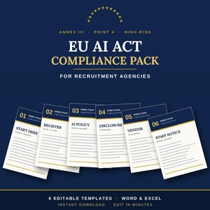 Op de afbeelding: Een donkerblauwe digitale documentenset getiteld EU AI ACT COMPLIANCE PACK FOR RECRUITMENT AGENCIES. Het bevat zes genummerde witte sjablonen met de labels Start Here, Register, AI Policy, Disclosure, Vendor en Staff Notice met gouden accenten.