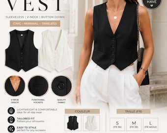 Women’s Tailored Vest, V Neck Sleeveless Waistcoat, Button Front Workwear Top, Black & White Cropped Vest, Elegant Summer Outfit