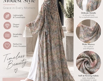 May include: A long, flowing abaya featuring a soft, multi-colored floral print in shades of pink, blue, and green. The garment includes a matching head covering, wide sleeves, and is worn over a solid white dress with light-colored flat shoes.