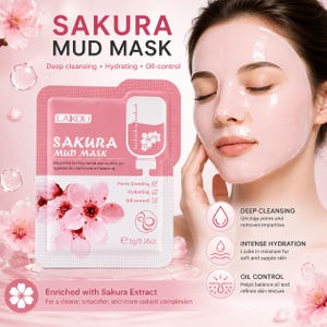 Könnte beinhalten: Ein rosafarbenes Laikou Sakura Schlammmasken-Sachet mit einer Spritzengrafik und Kirschblütenillustrationen. Die Verpackung zeigt den Text Sakura Mud Mask, 5g, und listet Vorteile wie Tiefenreinigung, Feuchtigkeitspflege und Ölkontrolle auf.