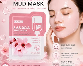 May include: A pink Laikou Sakura Mud Mask sachet featuring a syringe graphic and cherry blossom illustrations. The packaging displays the text Sakura Mud Mask, 5g/0.18oz, and lists benefits including deep cleansing, hydrating, and oil-control.