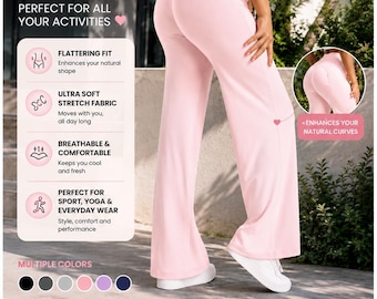 May include: Light pink high-waisted flared pants with a smooth texture. The image includes text: ELEGANT COMFORT, PERFECT FOR ALL YOUR ACTIVITIES, FLATTERING FIT, ULTRA SOFT STRETCH FABRIC, BREATHABLE & COMFORTABLE, MULTIPLE COLORS, LIGHTWEIGHT, and more.
