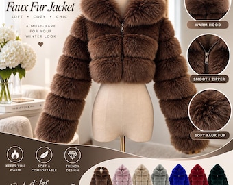 May include: A brown faux fur jacket with a hood and a front zipper closure. The jacket features a horizontal tiered design and long sleeves. Text on the image includes STAY WARM STAY STYLISH, Faux Fur Jacket, WARM HOOD, SMOOTH ZIPPER, SOFT FAUX FUR, and AVAILABLE COLORS showing various shades.