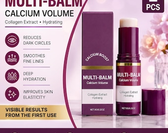 May include: A purple and white Multi-Balm Calcium Volume stick with collagen extract and hydrating properties. The packaging displays the text Multi-Balm Calcium Volume, Calcium Boost, and Net 9g/0.32oz. It features icons for skin benefits.