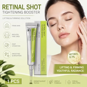 Könnte beinhalten: Eine Retinal Shot Tightening Booster Tube und Schachtel in silberner und grüner Verpackung. Das Etikett zeigt Retinal Shot Tightening Booster, 15ml/0.52 oz. Zu den Merkmalen gehören Hautstraffung, Reduzierung feiner Linien, Feuchtigkeit und Glanz.