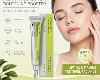 May include: A Retinal Shot Tightening Booster tube and box in silver and green packaging. The product label reads Retinal Shot Tightening Booster, 15ml/0.52 oz. Text highlights include firms skin, reduces fine lines, deep hydration, and smooths and brightens.