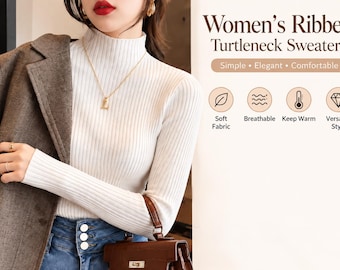 May include: A white ribbed turtleneck sweater with long sleeves. The image includes text reading Women's Ribbed Turtleneck Sweater, Simple, Elegant, Comfortable, Soft Fabric, Breathable, Keep Warm, and Versatile Style with corresponding icons.