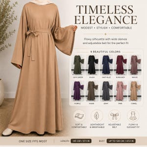 Könnte beinhalten: Ein bodenlanges Kleid in Kamelfarbe mit weiten Ärmeln und einem passenden Bindegürtel. Der Text lautet: TIMELESS ELEGANCE, MODEST, STYLISH, COMFORTABLE, 9 BEAUTIFUL COLORS, ONE SIZE FITS MOST, LENGTH 145 CM / 57.1 IN, BUST UP TO 120 CM / 47.2 IN.